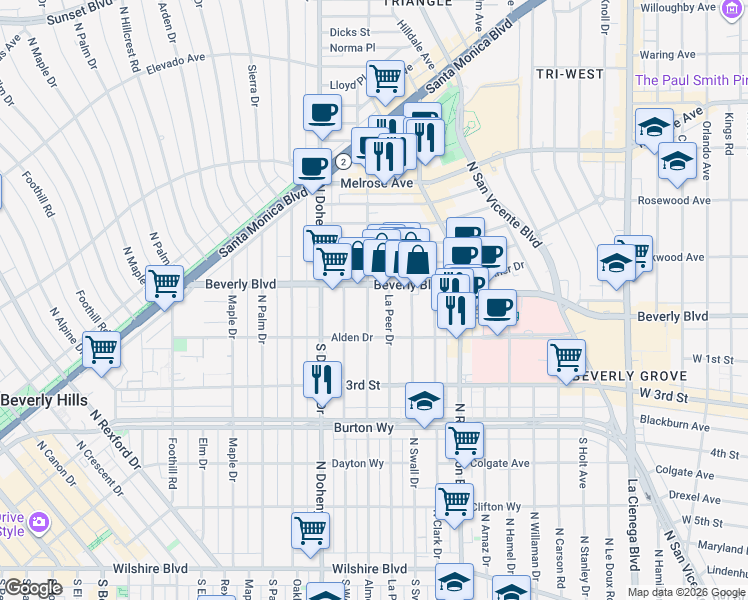 map of restaurants, bars, coffee shops, grocery stores, and more near 8950 Beverly Boulevard in West Hollywood