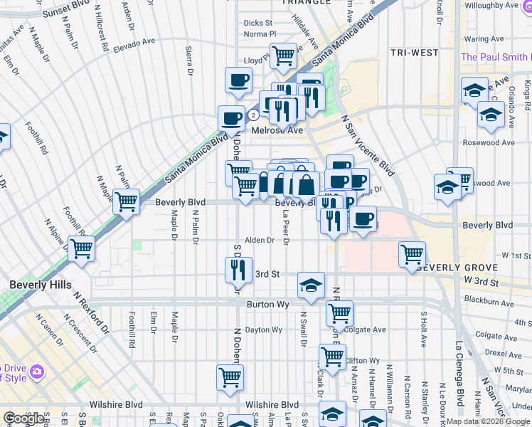 map of restaurants, bars, coffee shops, grocery stores, and more near 8950 Beverly Boulevard in West Hollywood