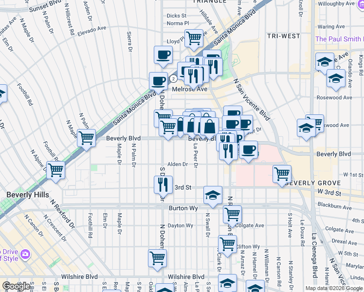 map of restaurants, bars, coffee shops, grocery stores, and more near 8950 Beverly Boulevard in West Hollywood