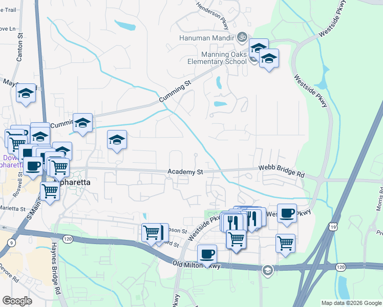 map of restaurants, bars, coffee shops, grocery stores, and more near 1031 Poplar Ridge Run in Alpharetta