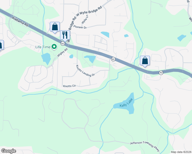 map of restaurants, bars, coffee shops, grocery stores, and more near 134 Knotts Landing Drive in Woodstock
