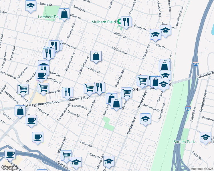map of restaurants, bars, coffee shops, grocery stores, and more near 12023 Kerrwood Street in El Monte