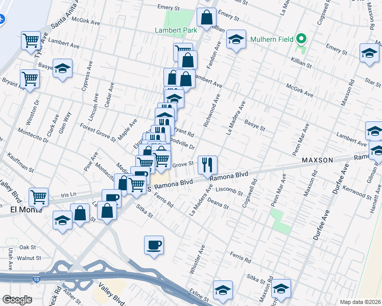 map of restaurants, bars, coffee shops, grocery stores, and more near 4033 Richwood Avenue in El Monte