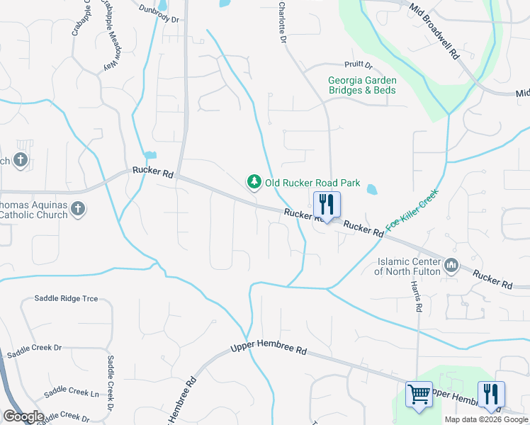 map of restaurants, bars, coffee shops, grocery stores, and more near 12100 Brookmill Point in Alpharetta