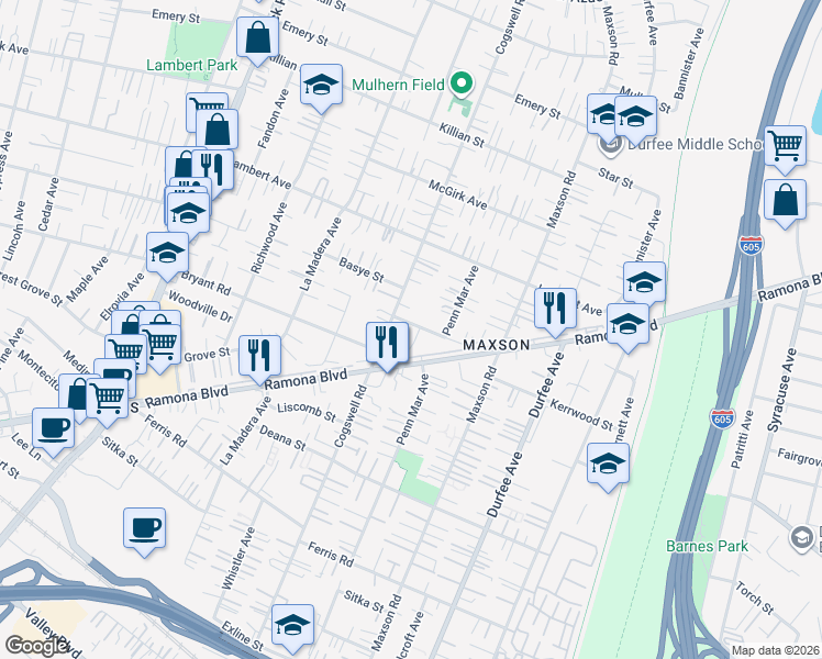 map of restaurants, bars, coffee shops, grocery stores, and more near 12018 Kerrwood Street in El Monte