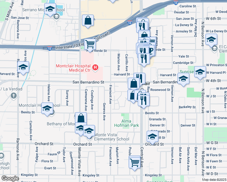 map of restaurants, bars, coffee shops, grocery stores, and more near 5106 Aspen Drive in Montclair
