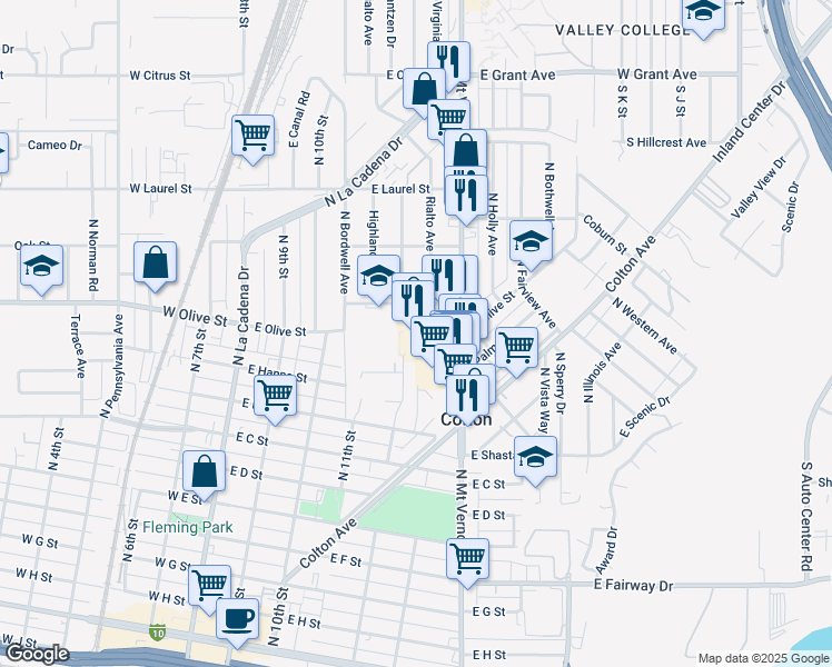 map of restaurants, bars, coffee shops, grocery stores, and more near 1181 North Mount Vernon Avenue in Colton