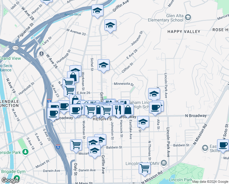 map of restaurants, bars, coffee shops, grocery stores, and more near 2538 Johnston Street in Los Angeles