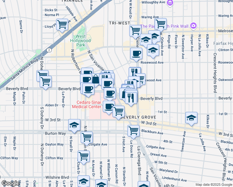 map of restaurants, bars, coffee shops, grocery stores, and more near 8653 Beverly Blvd in West Hollywood
