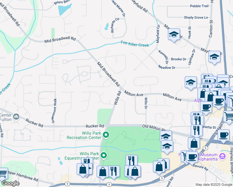 map of restaurants, bars, coffee shops, grocery stores, and more near 111 Wills Road in Alpharetta