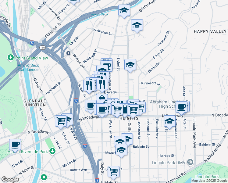 map of restaurants, bars, coffee shops, grocery stores, and more near 2615 Sichel Street in Los Angeles