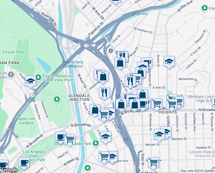 map of restaurants, bars, coffee shops, grocery stores, and more near 184-198 North Avenue 21 in Los Angeles