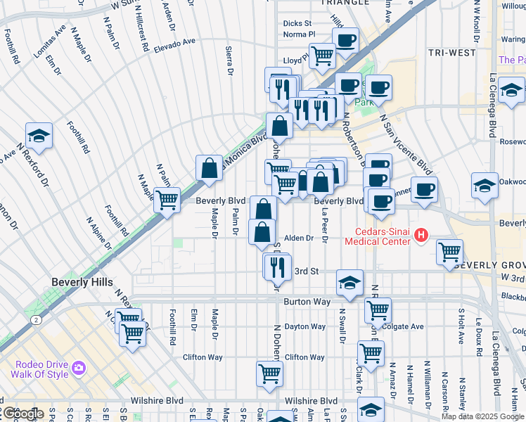 map of restaurants, bars, coffee shops, grocery stores, and more near 416 North Oakhurst Drive in Beverly Hills