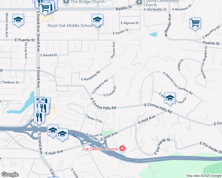 map of restaurants, bars, coffee shops, grocery stores, and more near 729 South Corrida Drive in Covina