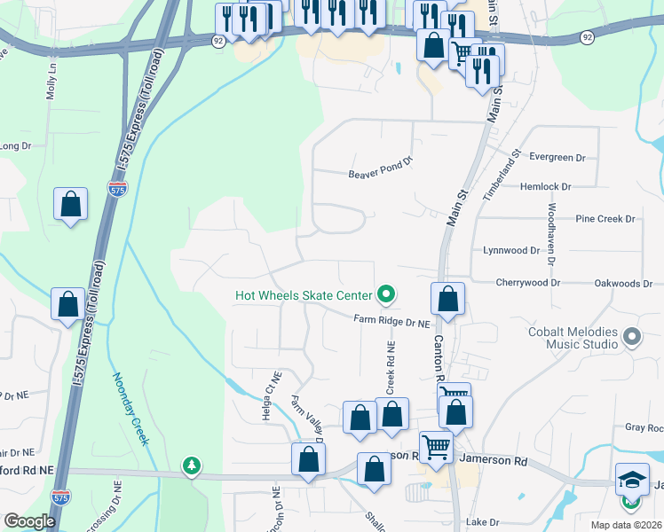 map of restaurants, bars, coffee shops, grocery stores, and more near 125 Ridgewood Drive in Woodstock