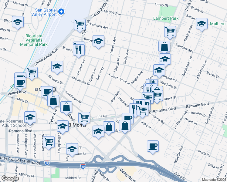 map of restaurants, bars, coffee shops, grocery stores, and more near 3816 Lincoln Avenue in El Monte