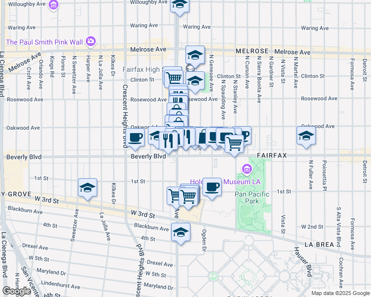 map of restaurants, bars, coffee shops, grocery stores, and more near 315 North Orange Grove Avenue in Los Angeles