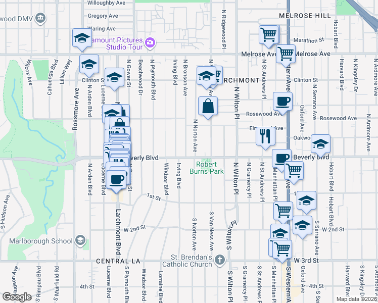 map of restaurants, bars, coffee shops, grocery stores, and more near 312 North Bronson Avenue in Los Angeles