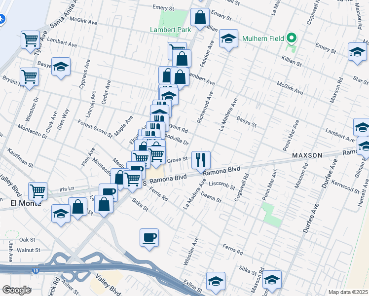 map of restaurants, bars, coffee shops, grocery stores, and more near 4025 Richwood Avenue in El Monte