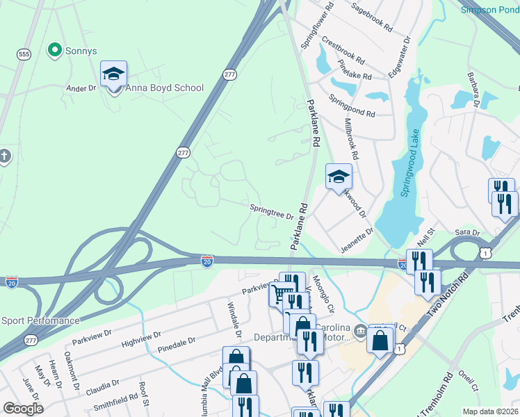 map of restaurants, bars, coffee shops, grocery stores, and more near 17-24 Willow Oak Drive in Columbia