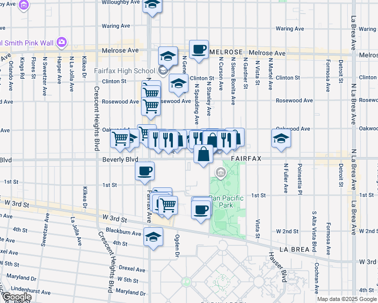 map of restaurants, bars, coffee shops, grocery stores, and more near 314 North Genesee Avenue in Los Angeles