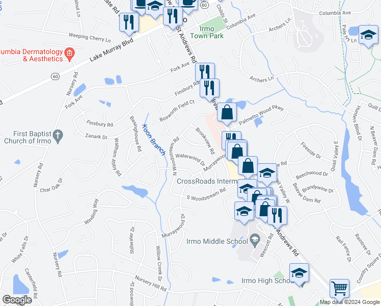 map of restaurants, bars, coffee shops, grocery stores, and more near 1417 Waterwood Drive in Columbia