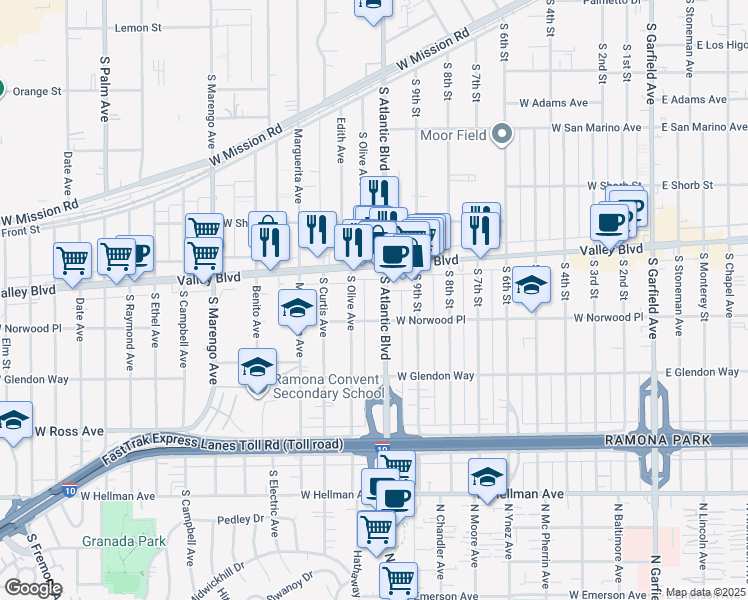 map of restaurants, bars, coffee shops, grocery stores, and more near 1509 South Atlantic Boulevard in Alhambra