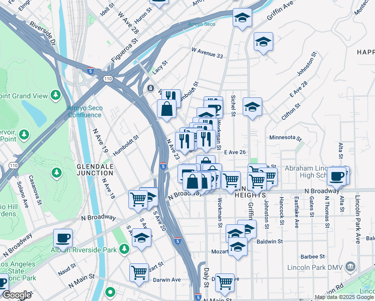 map of restaurants, bars, coffee shops, grocery stores, and more near 117 North Avenue 25 in Los Angeles