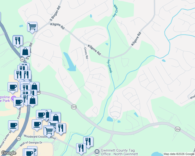 map of restaurants, bars, coffee shops, grocery stores, and more near 2165 Copper Trail Lane Northeast in Buford