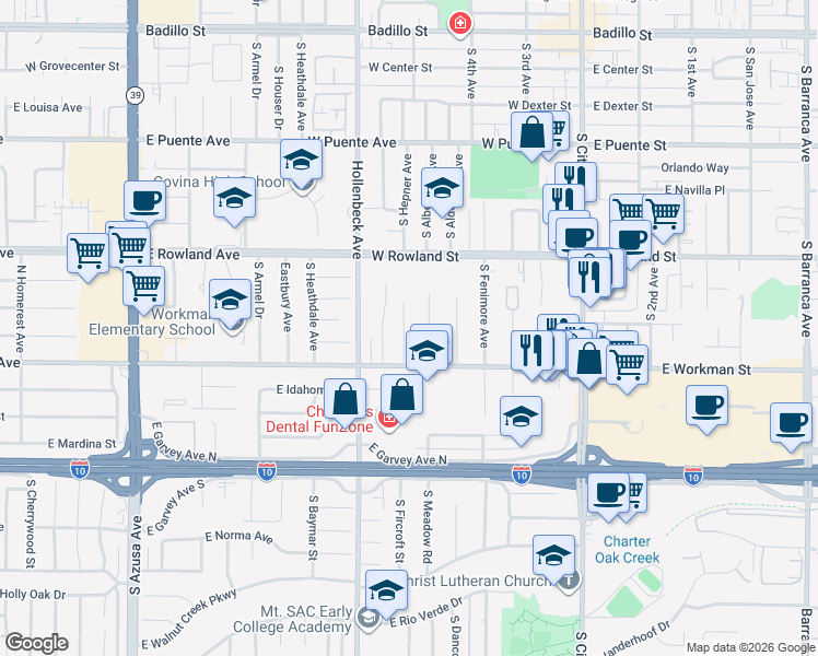 map of restaurants, bars, coffee shops, grocery stores, and more near 734 South Fircroft Avenue in Covina