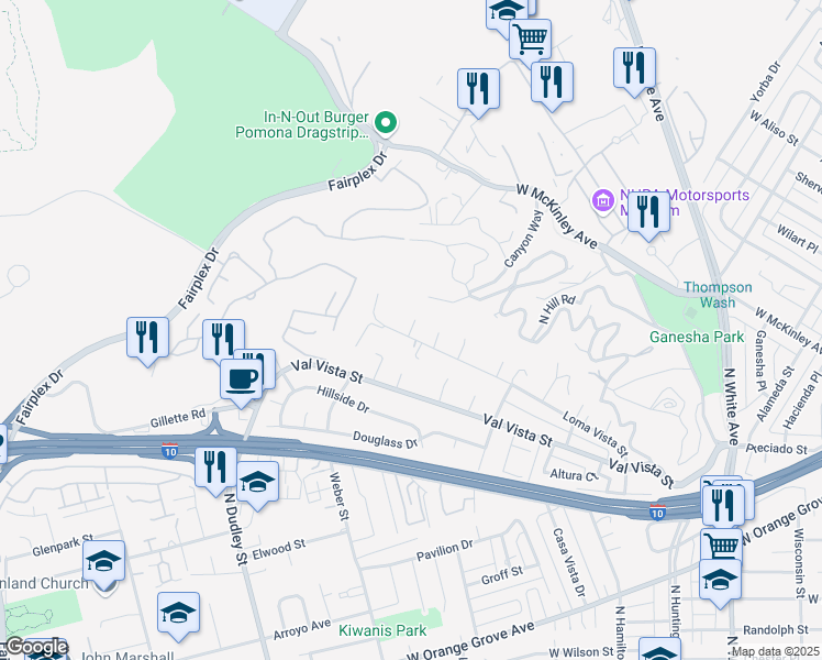map of restaurants, bars, coffee shops, grocery stores, and more near Sycamore Place in Pomona