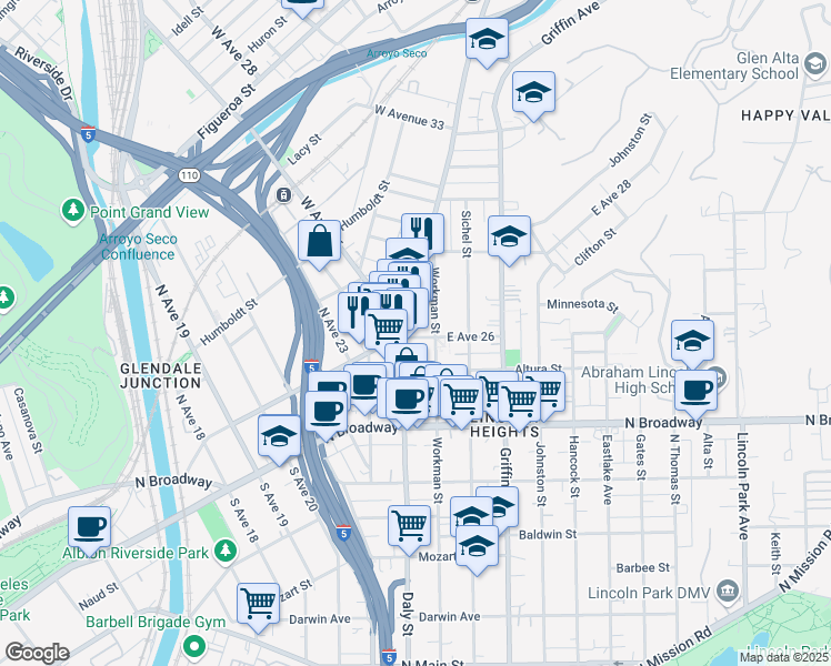 map of restaurants, bars, coffee shops, grocery stores, and more near in Los Angeles