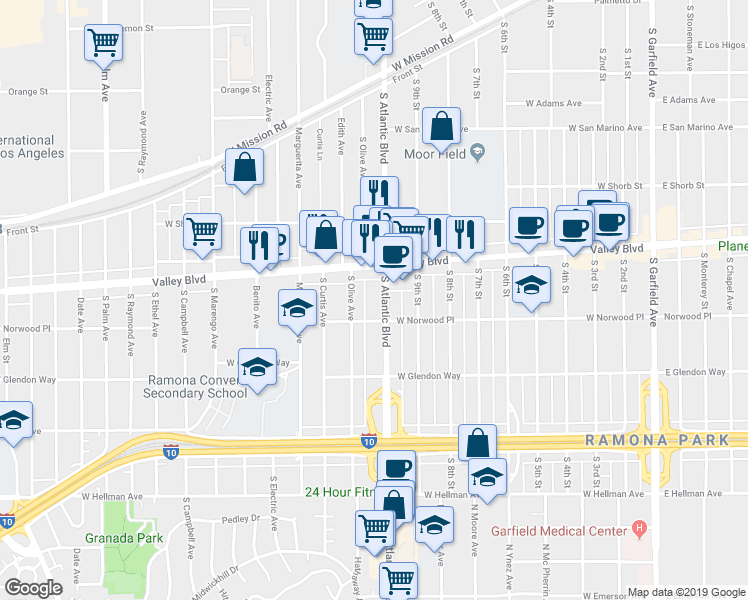 map of restaurants, bars, coffee shops, grocery stores, and more near 1418 South Olive Avenue in Alhambra