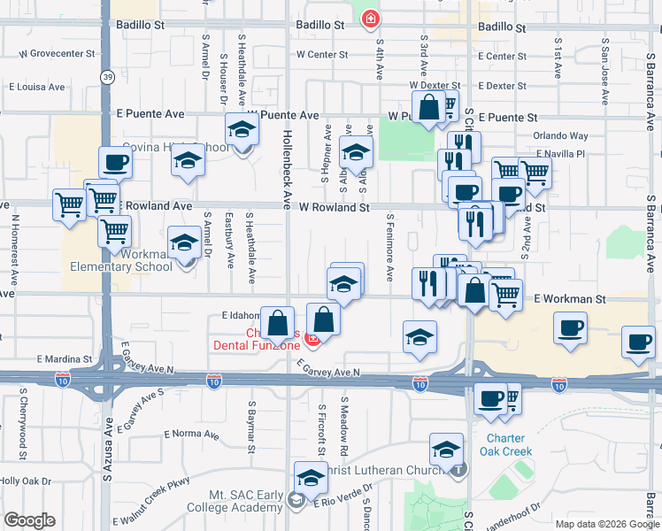 map of restaurants, bars, coffee shops, grocery stores, and more near 734 South Fircroft Avenue in Covina