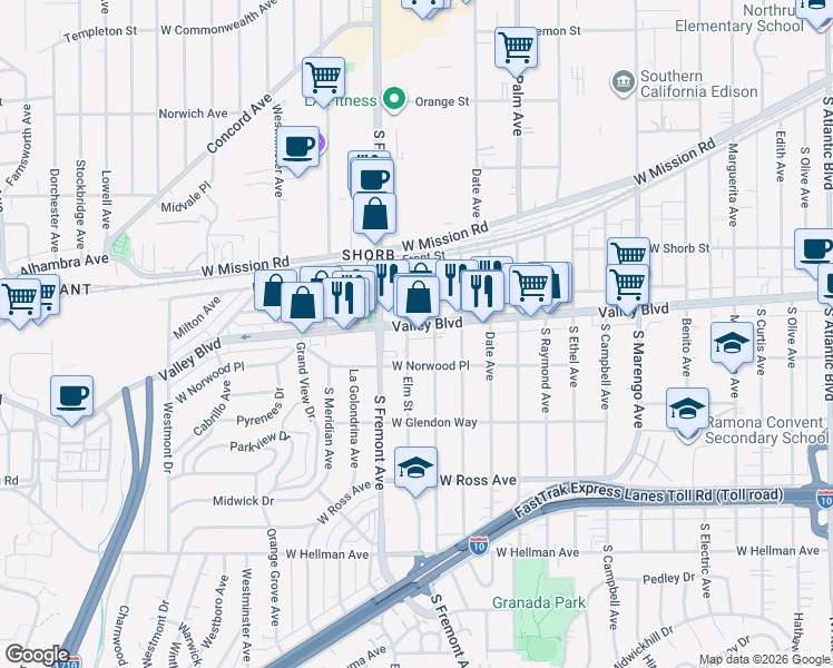 map of restaurants, bars, coffee shops, grocery stores, and more near 2428 West Valley Boulevard in Alhambra