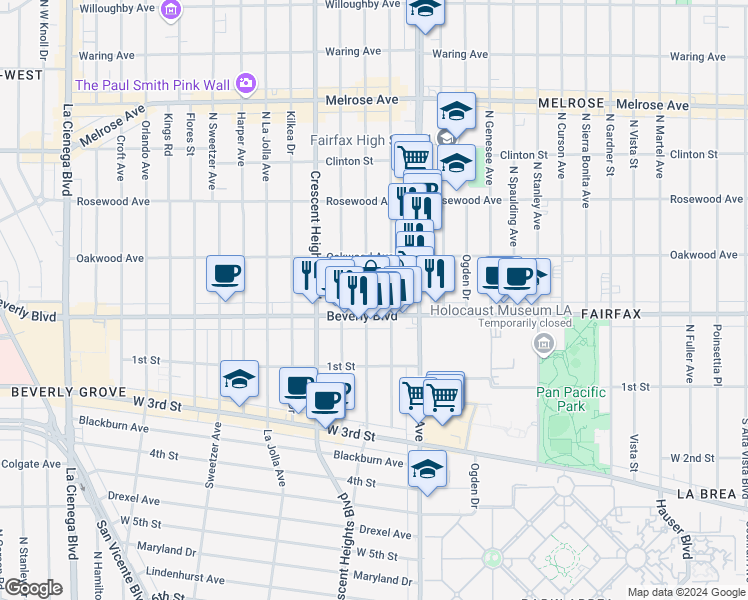 map of restaurants, bars, coffee shops, grocery stores, and more near 316 North Edinburgh Avenue in Los Angeles