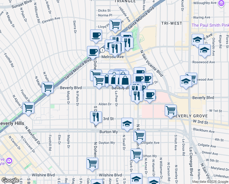 map of restaurants, bars, coffee shops, grocery stores, and more near 8950 Beverly Boulevard in West Hollywood