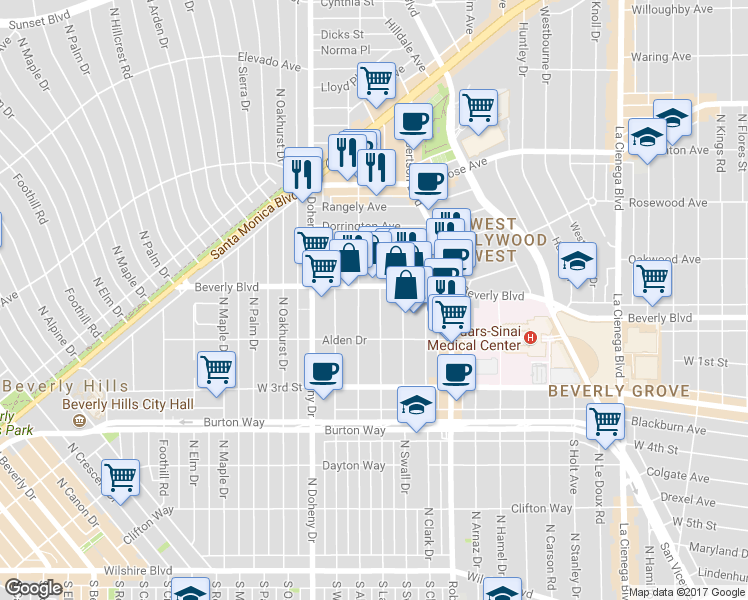 map of restaurants, bars, coffee shops, grocery stores, and more near 147 North La Peer Drive in West Hollywood