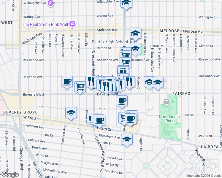 map of restaurants, bars, coffee shops, grocery stores, and more near 316 North Edinburgh Avenue in Los Angeles