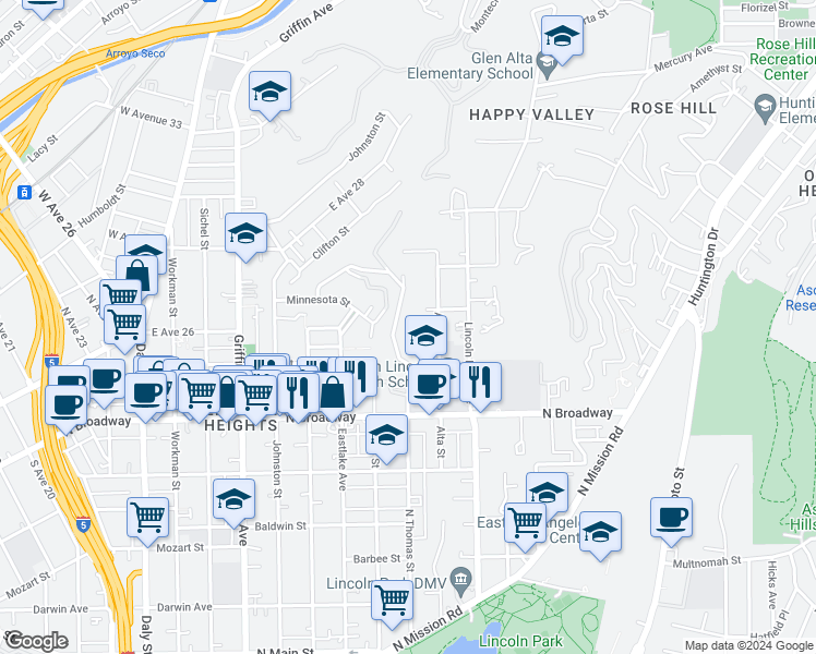 map of restaurants, bars, coffee shops, grocery stores, and more near 2610 Thomas St in Los Angeles