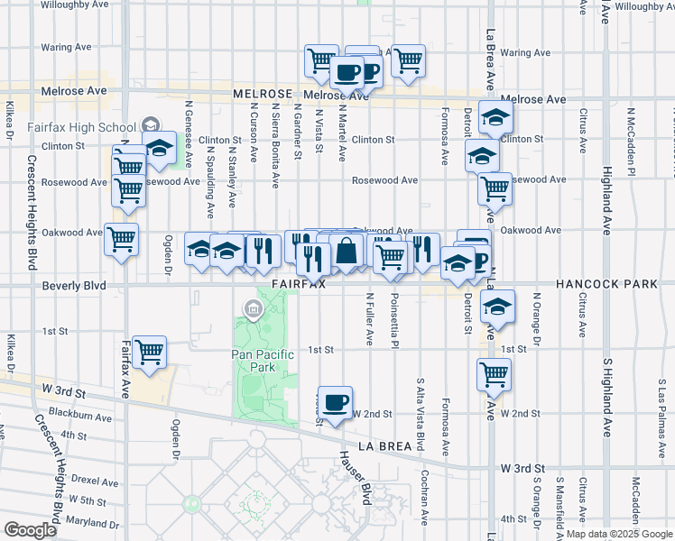 map of restaurants, bars, coffee shops, grocery stores, and more near 315 North Martel Avenue in Los Angeles