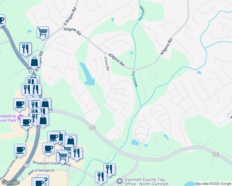 map of restaurants, bars, coffee shops, grocery stores, and more near Splitrail Trail Northeast in Buford