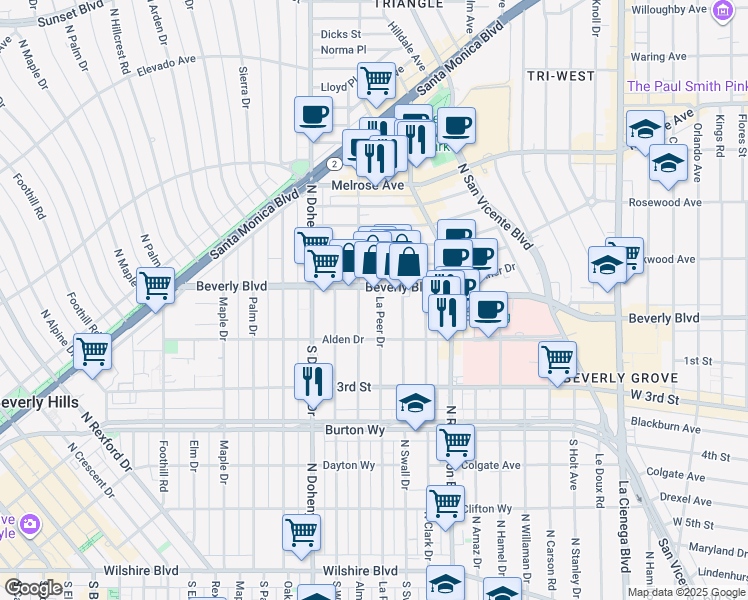 map of restaurants, bars, coffee shops, grocery stores, and more near 147 North La Peer Drive in West Hollywood