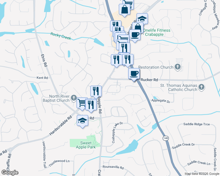 map of restaurants, bars, coffee shops, grocery stores, and more near 4412 Orchard Trce in Roswell