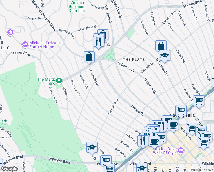 map of restaurants, bars, coffee shops, grocery stores, and more near 719 North Rodeo Drive in Beverly Hills