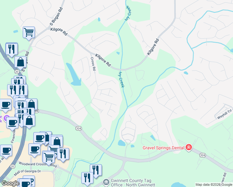 map of restaurants, bars, coffee shops, grocery stores, and more near Copper Trail Lane Northeast in Buford
