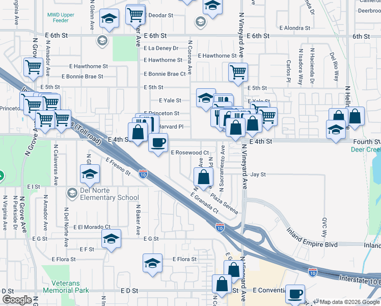 map of restaurants, bars, coffee shops, grocery stores, and more near 2095 North Napa Avenue in Ontario
