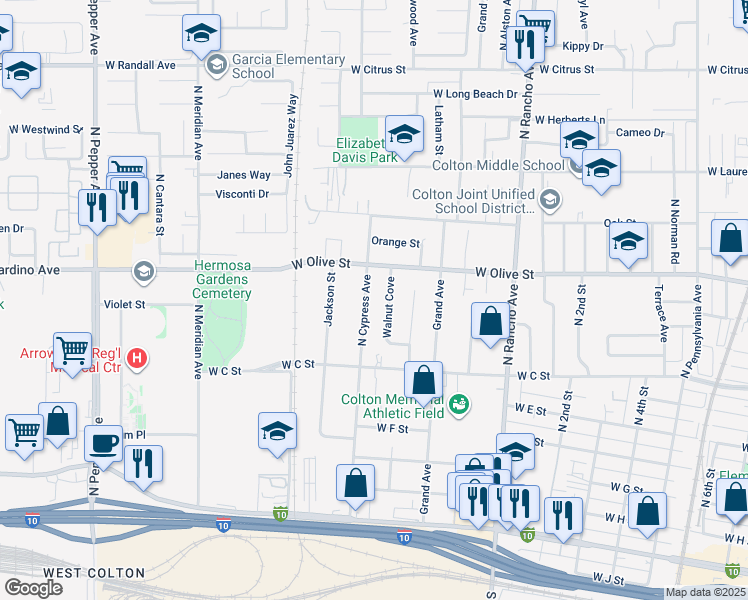 map of restaurants, bars, coffee shops, grocery stores, and more near 911 Walnut Cove in Colton