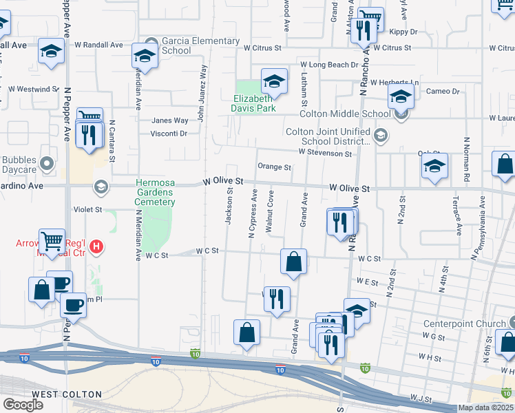 map of restaurants, bars, coffee shops, grocery stores, and more near 911 Walnut Cove in Colton