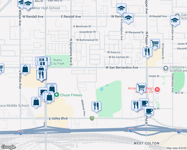 map of restaurants, bars, coffee shops, grocery stores, and more near 2160 Lavender Lane in Colton